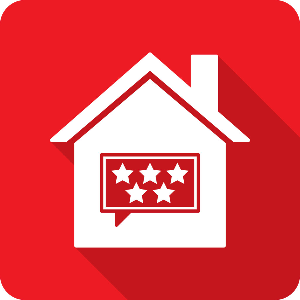 A house with a speech bubble and a five-star icon against a red background in flat style, symbolizing a five-star rating for Mister Sparky of Wilmington.