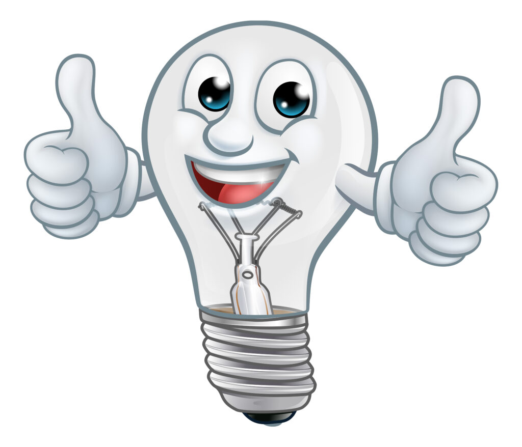 A cartoon character named Lightening, depicted as a mascot light bulb, giving a thumbs up For Mister Sparky of Wilmington.