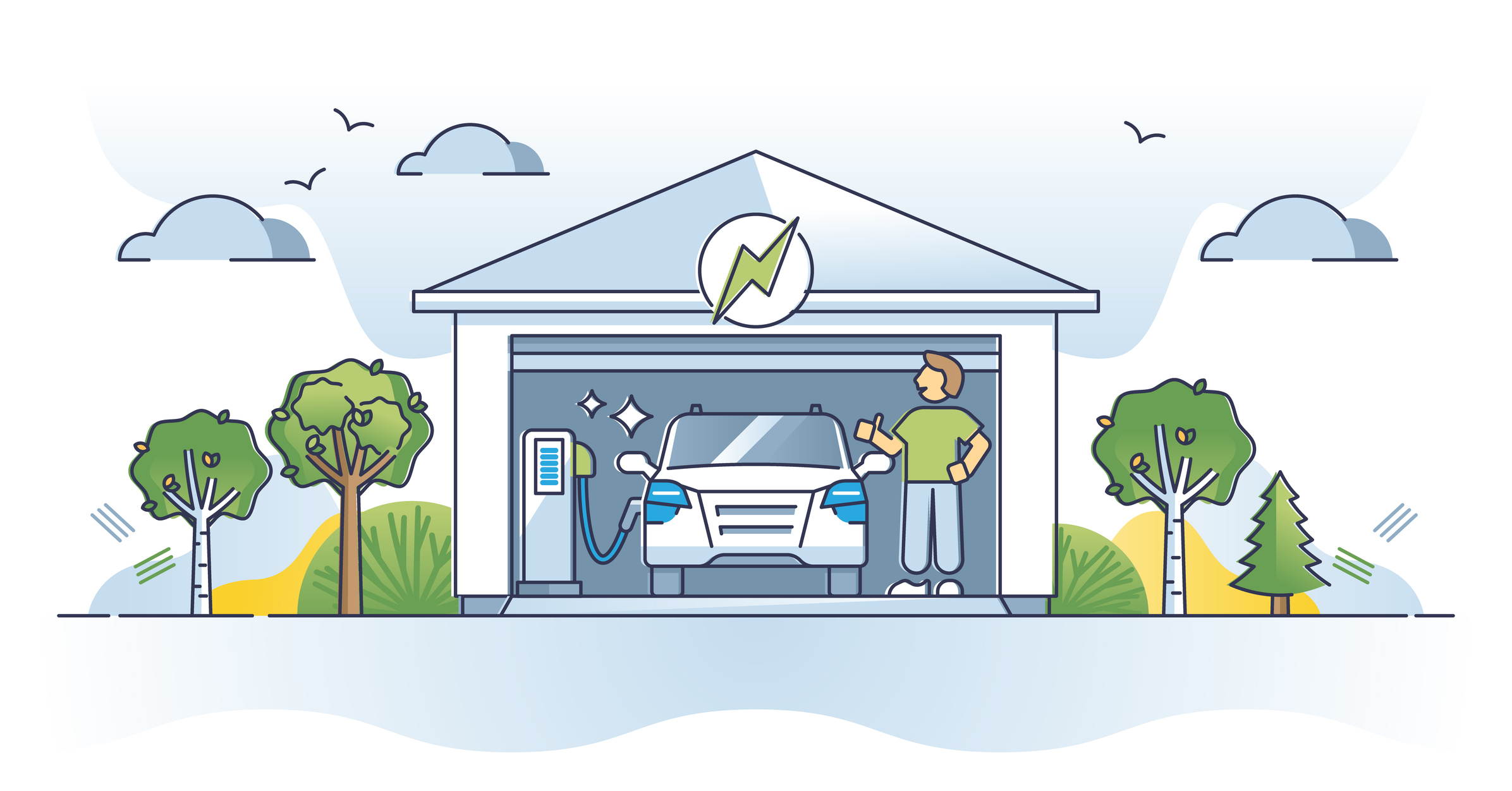 Charging EV or electric vehicle with home garage electricity outline concept, EV Charger Installation.