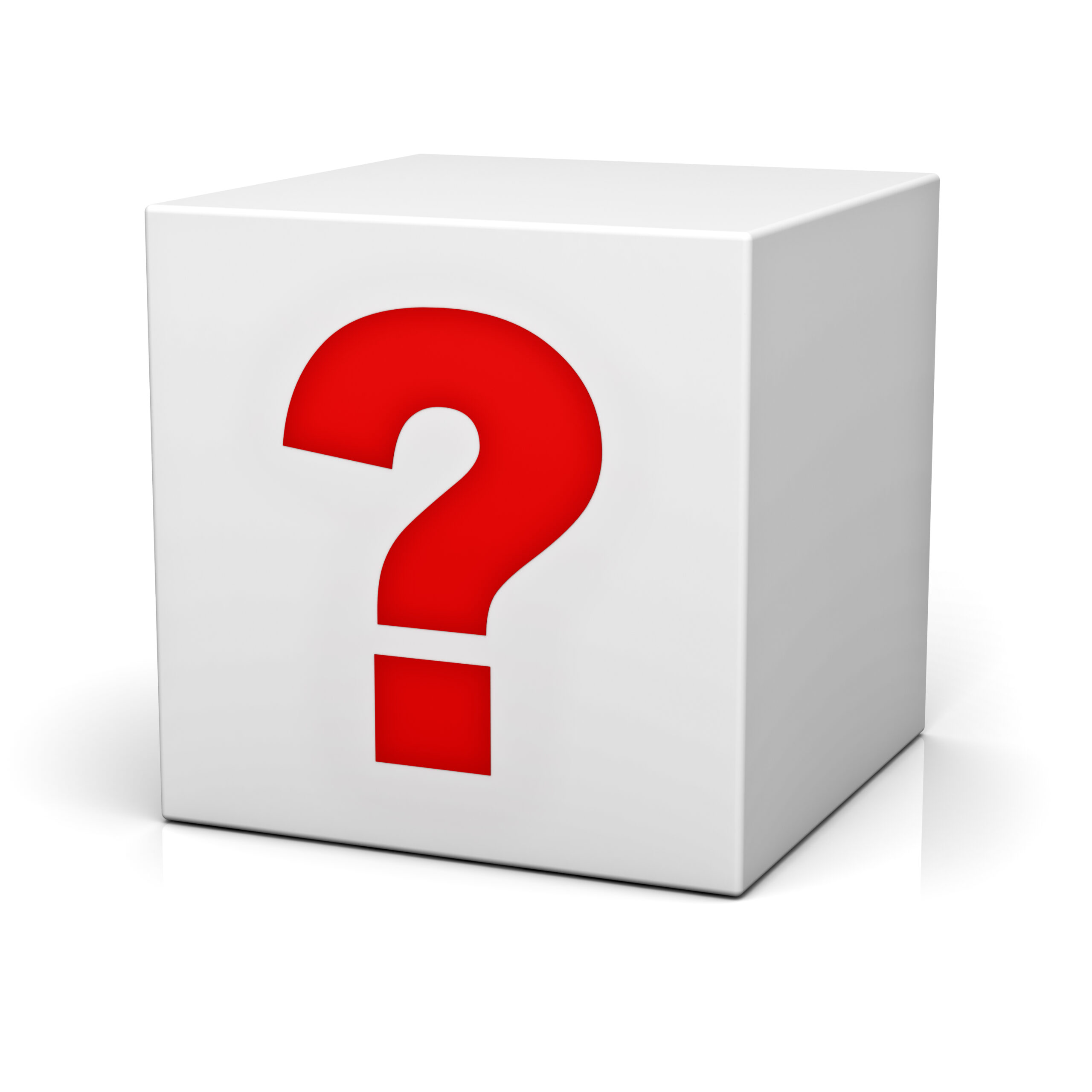 Red question mark on white box or cube isolated over white background with reflection, Electrical Panel Upgrade.